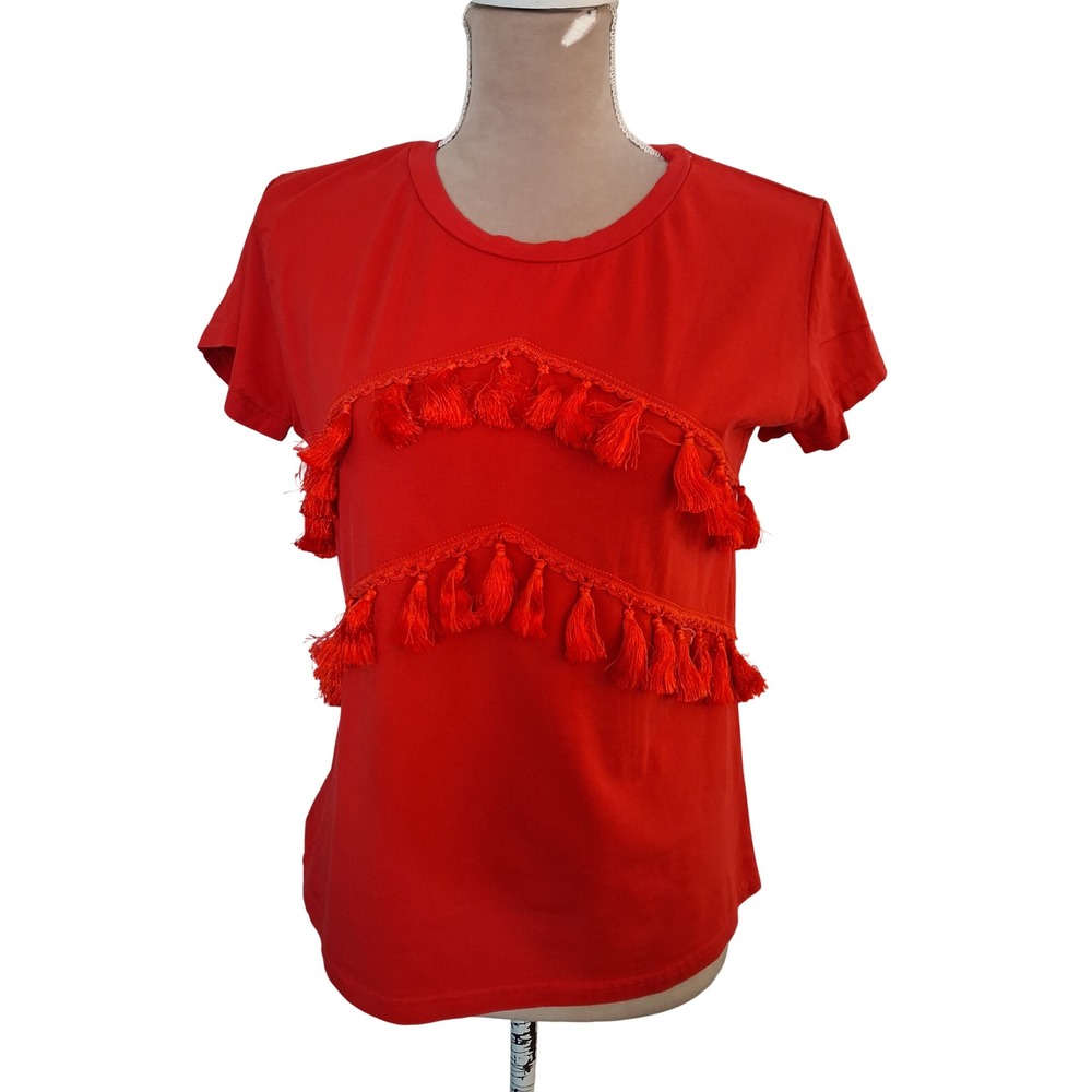 In2you Fashion Pinkish Red Tassel Fringe Short Sleeve T-Shirt Size Large Festive